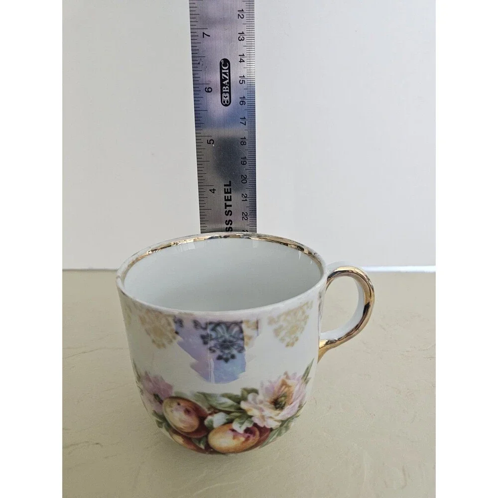 Vintage German Iridescent Cup With Flowers, Fruit, and Gold Details